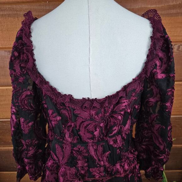 Lait Collection Women Floral Burn-Out Velvet Mini Dress M Puff Sleeve Whimsigoth - Picture 8 of 12